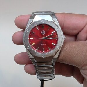AJ Quality Watches Red Dial Date 45mm Bezel Silver Bracelet Watch
